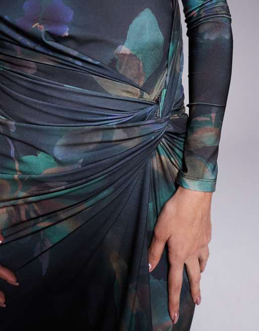 Daska exclusive high neck maxi dress in dark green floral print, 3 of 4