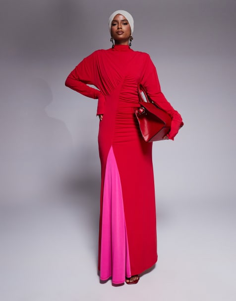 Daska - Exclusive - Hoogsluitende maxi jurk in rood en roze - view 1