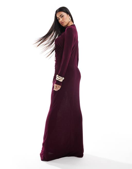 Daska exclusive jersey maxi dress with drape detail in deep fig, 2 of 4