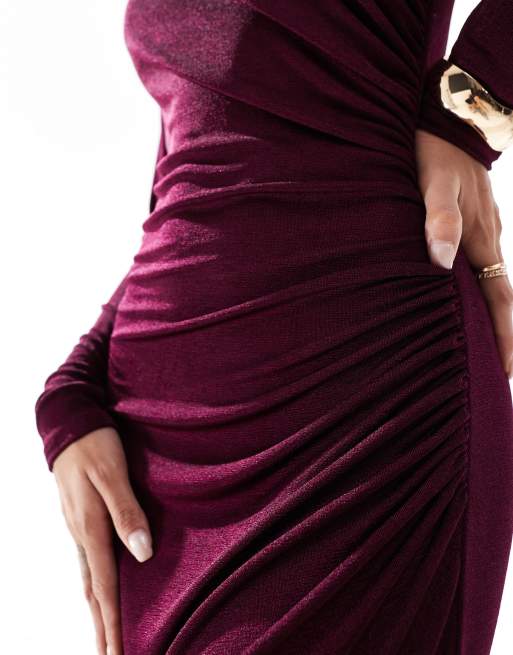 Daska exclusive jersey maxi dress with drape detail in deep fig, 3 of 4