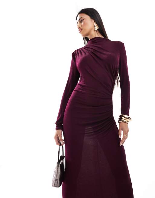 Daska exclusive jersey maxi dress with drape detail in deep fig, 4 of 4