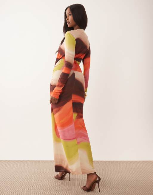 Daska exclusive long sleeve high neck twist maxi dress in multi abstract print, 3 of 7