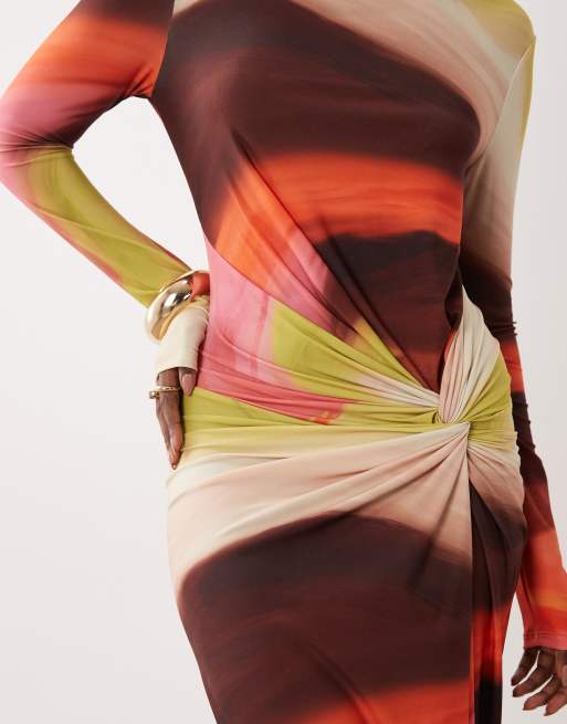 Daska exclusive long sleeve high neck twist maxi dress in multi abstract print, 4 of 7