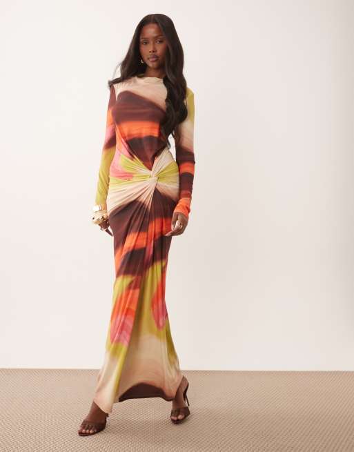 Daska exclusive long sleeve high neck twist maxi dress in multi abstract print, 6 of 7