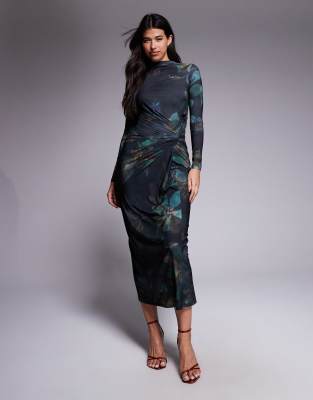 Daska - Exklusiv - Hochgeschlossenes Maxikleid in Dunkelgrün mit Blumenprint-Bunt