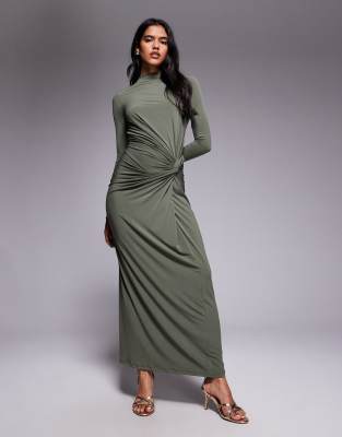 Daska Exklusiv - Hochgeschlossenes Maxikleid in Olivgrün