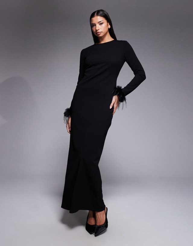 Daska faux feather cuff maxi dress in black