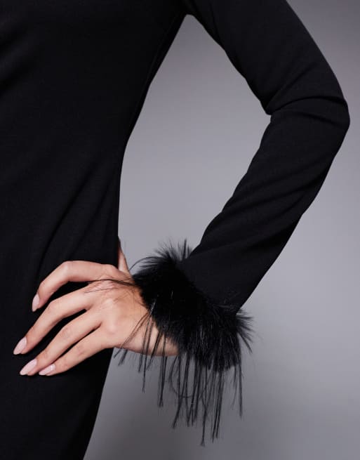 Daska faux feather cuff maxi dress in black, 3 of 4