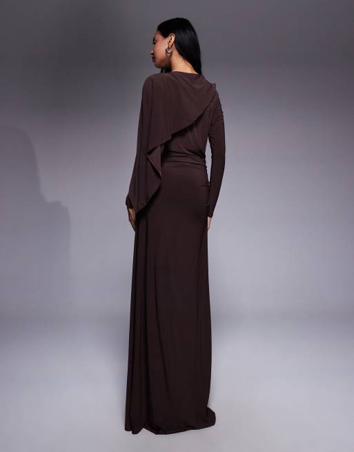 Daska – Figurbetontes Maxikleid in Schokobraun mit Cape-Detail, 2 von 4