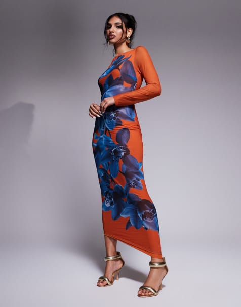 Daska fitted maxi dress with placement print in burnt orange - view 1