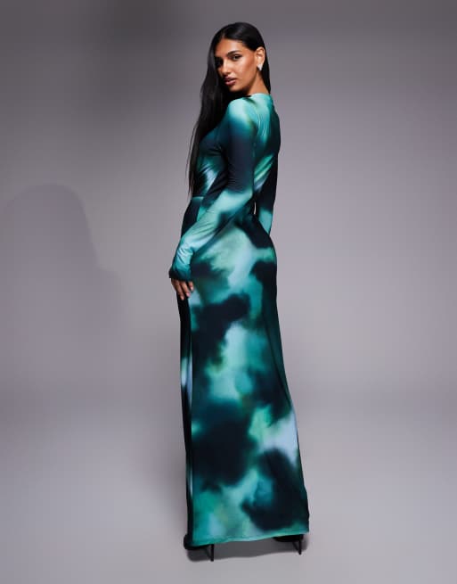 Daska - Gedrapeerde maxi jurk met gedraaid detail en abstracte print in groenblauw, 3 van 4