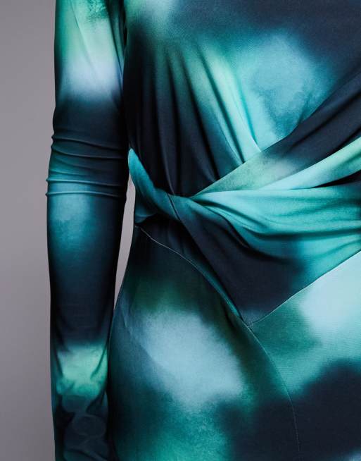 Daska - Gedrapeerde maxi jurk met gedraaid detail en abstracte print in groenblauw, 4 van 4