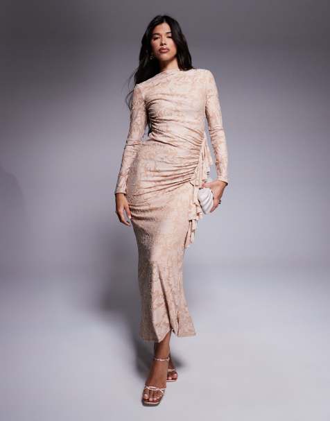 Daska – Gerafftes Kleid aus floralem Samt in Steinbeige - view 1