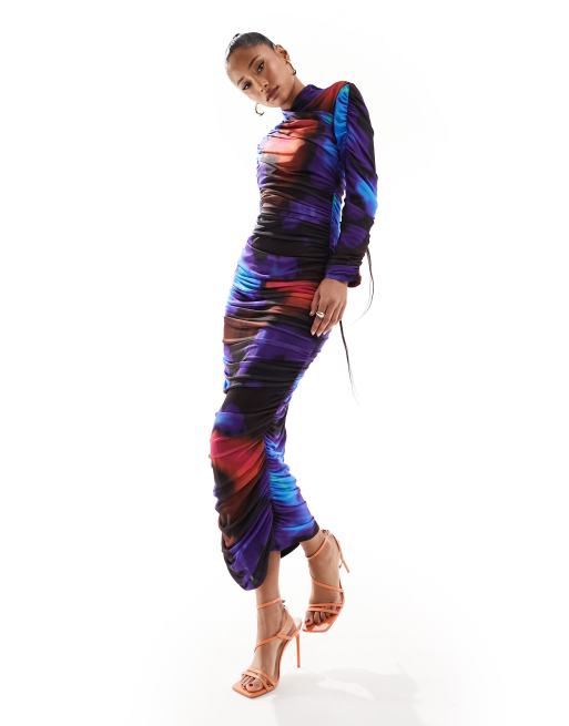 Daska - Gerimpelde midi jurk met lange mouwen en print in marineblauw, 2 van 4