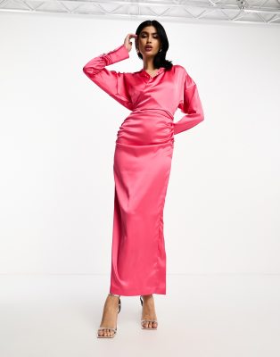 Daska - Gewickeltes Maxi-Hemdblusenkleid aus Satin in Rosa