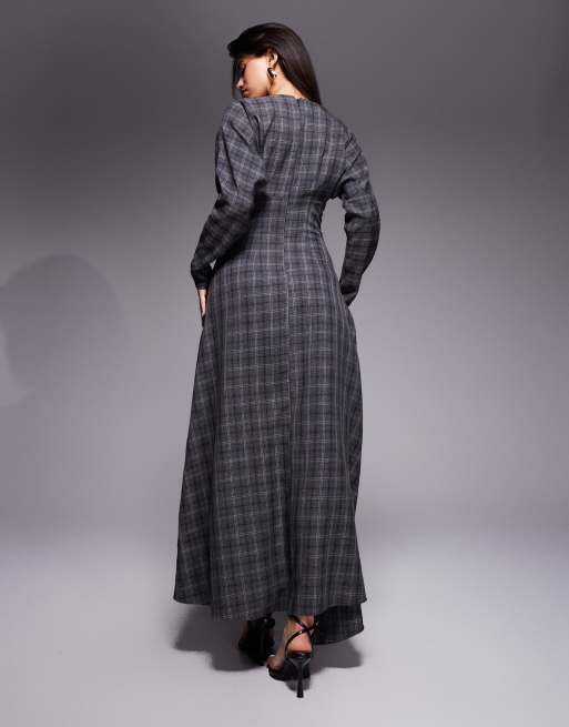 Daska high neck batwing gathered waist maxi dress in grey tartan print, 3 of 4