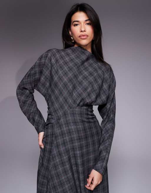 Daska high neck batwing gathered waist maxi dress in grey tartan print, 4 of 4
