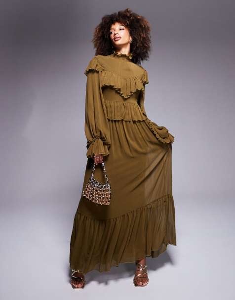 Daska high neck chiffon ruffle  maxi dress in olive  - view 1