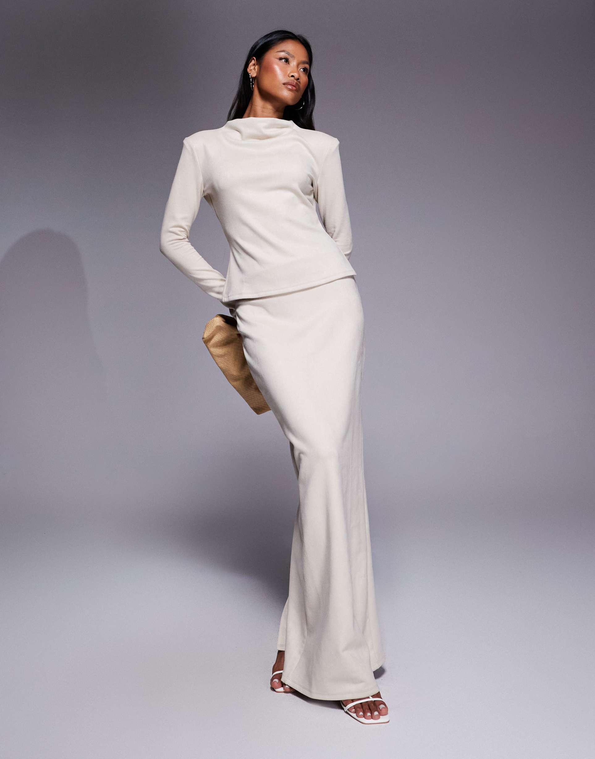 daska high neck faux suede top in cream - part of a set