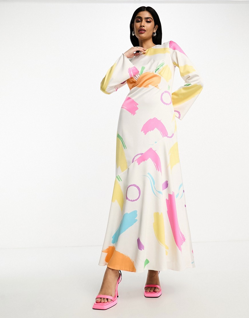 Daska High Neck Long Sleeve Maxi Dress In Multi Print