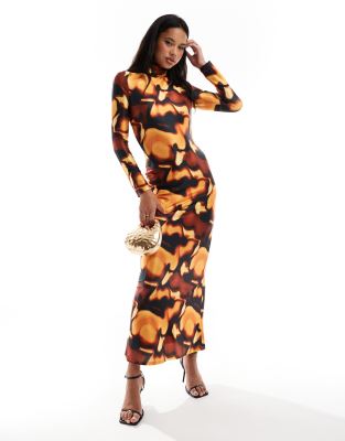 high neck maxi dress in jersey in brown orange print