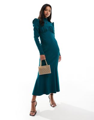 high neck maxi dress with fishtail skirt in teal-Blue