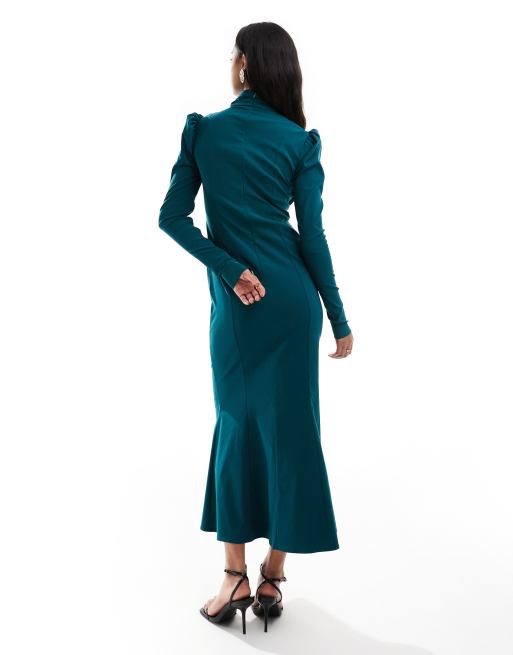 Daska High Neck Maxi Dress with Fishtail Skirt in Teal Blue