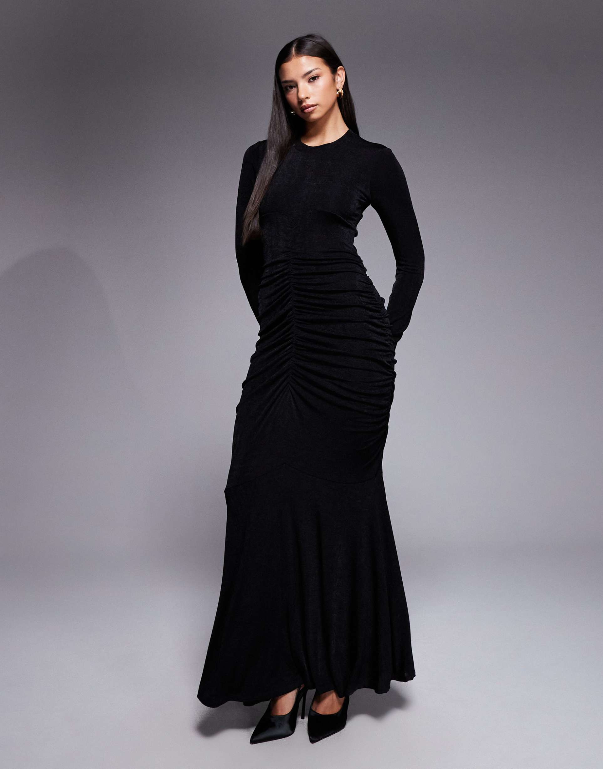 daska high neck ruched body maxi dress in black