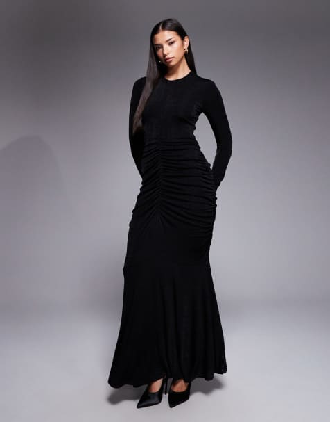 Daska high neck ruched body maxi dress in black