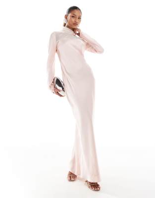 high neck satin dress with sheer details in muted blush-Pink