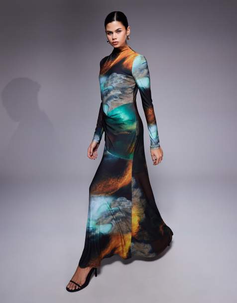 Daska high neck twist drape detail maxi dress in abstract print - view 1