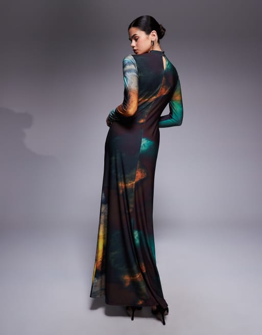 Daska high neck twist drape detail maxi dress in abstract print, 2 of 4