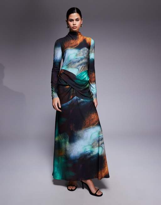 Daska high neck twist drape detail maxi dress in abstract print, 3 of 4
