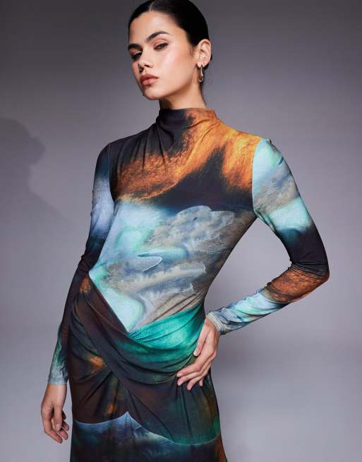 Daska high neck twist drape detail maxi dress in abstract print, 4 of 4