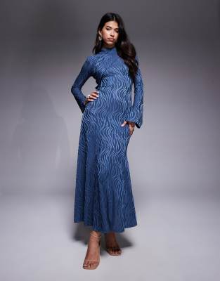 Daska - Hochgeschlossenes Maxikleid aus Denim-Blau