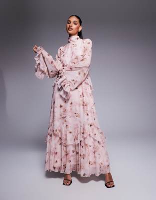 Daska - Hochgeschlossenes Maxikleid in Rosa mit Blumenmuster und mehrlagigen Rüschen