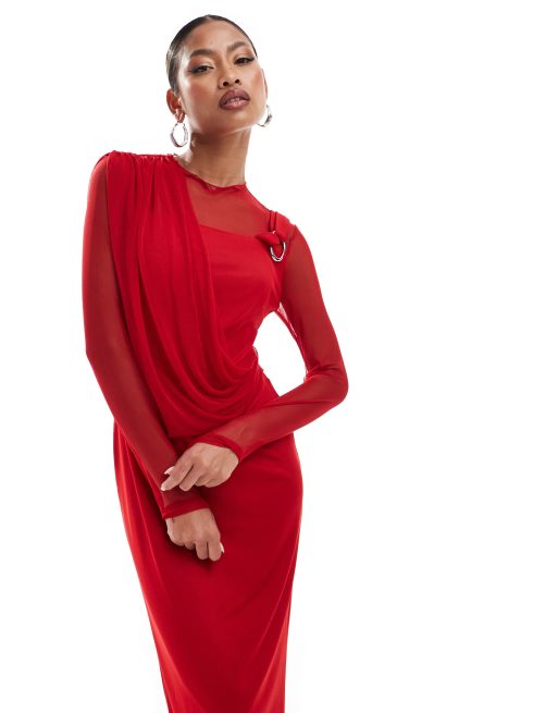 Daska – Hochgeschlossenes Maxikleid in Rot mit Drapierung, 2 von 4