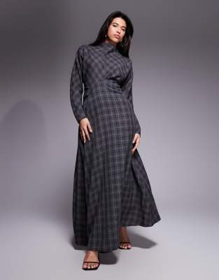 Daska - Hochgeschlossenes Maxikleid mit grauem Schottenkaromuster, Fledermausärmeln und geraffter Taille-Bunt