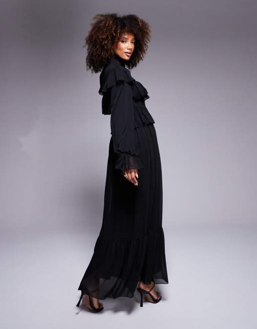 Daska Hoogsluitende maxi jurk van chiffon met ruches in zwart ASOS - Main Image