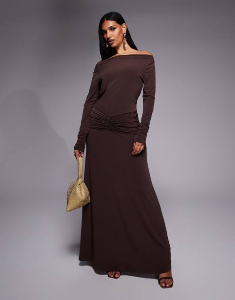 Daska jersey maxi dress with bow back detail in chocolate brown - view 1