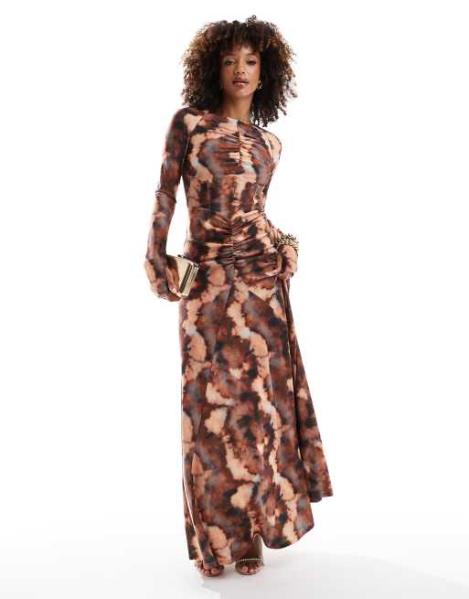 Daska - Jersey maxi-jurk met gerimpelde details in donkere print 