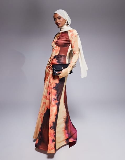 Daska - Jersey maxi jurk met rimpeleffect in abstracte roze print - view 1