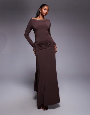 Daska - Jersey-Maxikleid in Schokobraun mit Rückenschleife-Brown