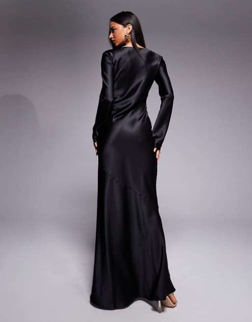 Daska – Langärmliges, asymmetrisches Satin-Maxikleid in Schwarz mit Ziernaht, 3 von 4