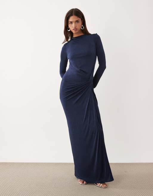 Daska – Langärmliges, hochgeschlossenes Stretch-Maxikleid in Marineblau mit verdrehtem Detail, 2 von 4