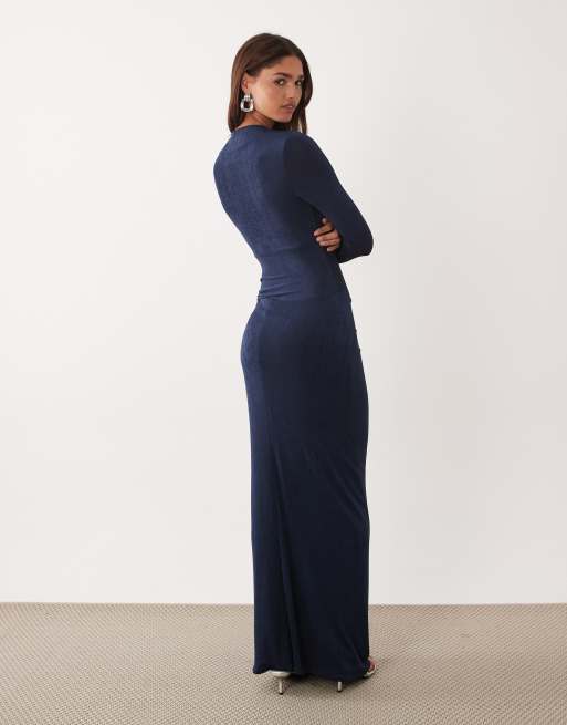 Daska – Langärmliges, hochgeschlossenes Stretch-Maxikleid in Marineblau mit verdrehtem Detail, 4 von 4