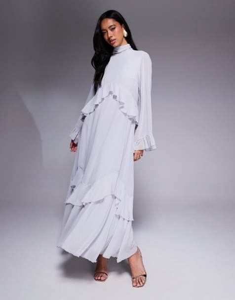 Daska layerd ruffle high neck maxi dress in soft blue