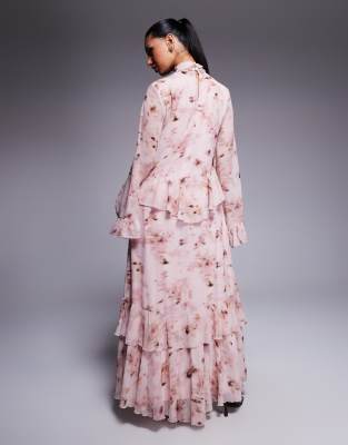 Daska layered ruffle high neck maxi dress in pink floral print