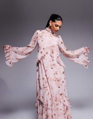Daska layered ruffle high neck maxi dress in pink floral print