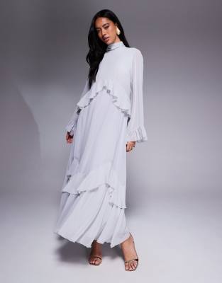layered ruffle high neck maxi dress in soft blue